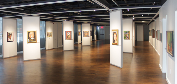 Photograph of Shiva Gallery Space, including Wall Panels & Various Paintings